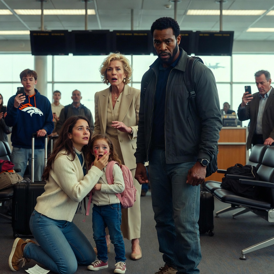 Image Prompt: Ultra photorealistic cinematic American family crime drama, viral Facebook story thumbnail style, square 1:1 composition, no text. A tense single moment inside Denver International Airport Gate 14 immediately after a shocking confrontation. In the foreground, Marcus Thompson, a handsome Black American father in his early 40s, tall and athletic, wearing a dark travel jacket, jeans, and a black smartwatch, stands frozen five feet away with a terrifyingly calm expression, fists clenched at his sides, eyes locked on the woman who hurt his daughter. Beside him, his beautiful wife in her late 30s, wearing a cream travel sweater and fitted jeans, kneels protectively beside their eight-year-old daughter Sarah, who has a pink backpack slipped off one shoulder, one hand pressed gently to her reddened cheek, tearful eyes wide with shock but no crying. A folded boarding pass lies on the airport carpet near her sneakers, emphasizing the innocence of the moment. In the midground, Karen Mitchell, a wealthy-looking HOA president in her late 50s with blonde styled hair, pearl earrings, beige blazer, and cold arrogant face, stands breathing hard with one hand still raised, her expression shifting from smug satisfaction to sudden fear as Marcus steps forward. In the background, stunned airport passengers freeze with rolling suitcases, a young man in a Denver Broncos hoodie records on his phone, a gate agent stares in disbelief near the boarding desk, and a TSA officer turns sharply from the security corridor. Authentic American airport gate setting with large glass windows, rows of black terminal seats, overhead flight monitors blurred with no readable text, carry-on bags, cool daylight, polished floors, and distant aircraft silhouettes. Strong body language: the mother shields the child, Marcus stands silent and controlled, Karen recoils slightly, witnesses gasp and record. ARRI Alexa look, 35mm lens, realistic skin texture, natural imperfections, sharp details, cinematic cold airport lighting, dramatic shadows, emotional realism, no text overlay, no subtitles, no watermark, no logo, no collage, no anime, no cartoon, no illustration, no 3D render, no plastic AI look, Facebook-safe, no blood, no gore, no graphic violence.