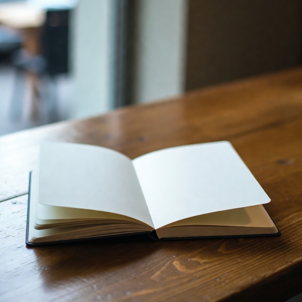 Open minimal notebook resting on a wooden table surface under soft window light