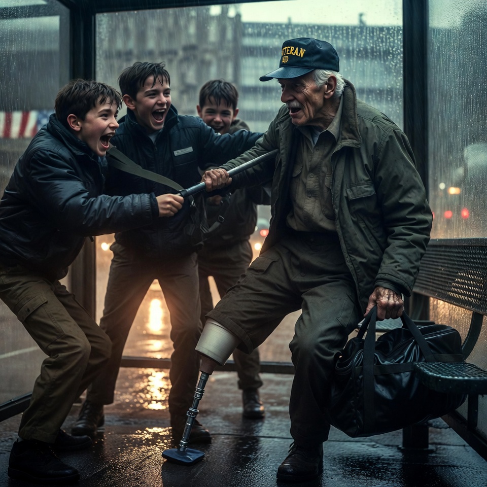 An elderly American military veteran with a prosthetic leg and a faded “Veteran” cap stands inside a rain-soaked Chicago bus stop while an arrogant teenage boy aggressively kicks his metal cane sideways in the first second, causing the old man to stumble into the wet bench as the other two boys laugh nearby. The veteran slowly straightens up, jaw tight, breathing controlled, one weathered hand gripping a black military duffel bag while the teenager grabs at the bag strap and shoves his shoulder. The old man locks eyes with him and quietly says, “You should leave.” Rain blows through the shelter as headlights suddenly flood the street and black SUVs screech to the curb behind them. The teenagers recoil, faces draining of color, while tactical agents rush forward toward the veteran. Cold stormy evening light, wet pavement reflections, handheld camera tension with tight emotional close-ups, visible trembling hands and eye-line collision, realistic cinematic American drama style, one continuous live confrontation, American flag hanging in the corner window of a nearby convenience store, no text, no watermark.