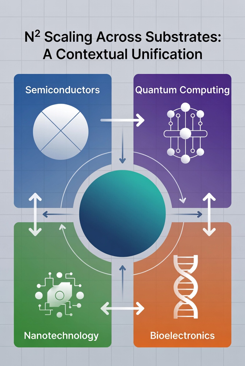 A conceptual diagram of N² scaling across semiconductors, quantum computing, nanotechnology, and bioelectronics, in a minimalistic style.