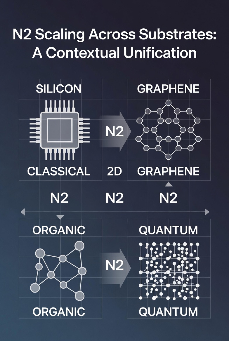 A technical illustration of N² scaling across silicon, graphene, organic, and quantum substrates in a grid layout.