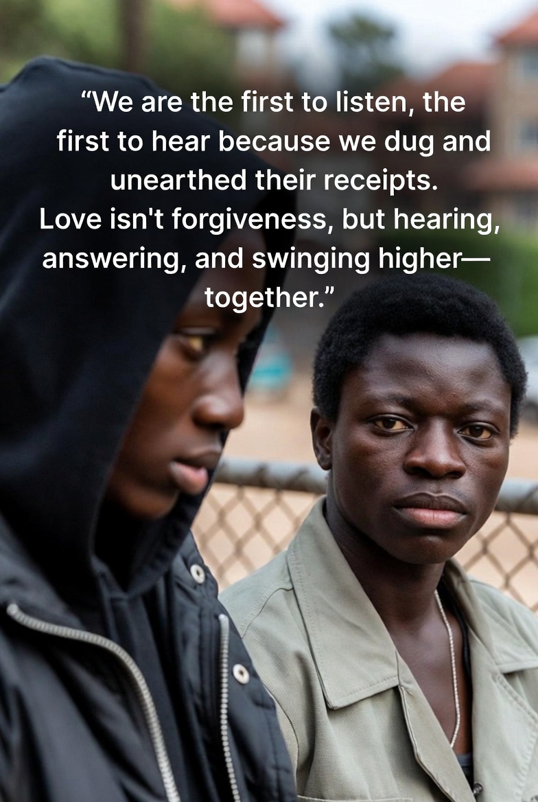 A photograph of two people sharing a moment of connection in an outdoor setting with text overlay.