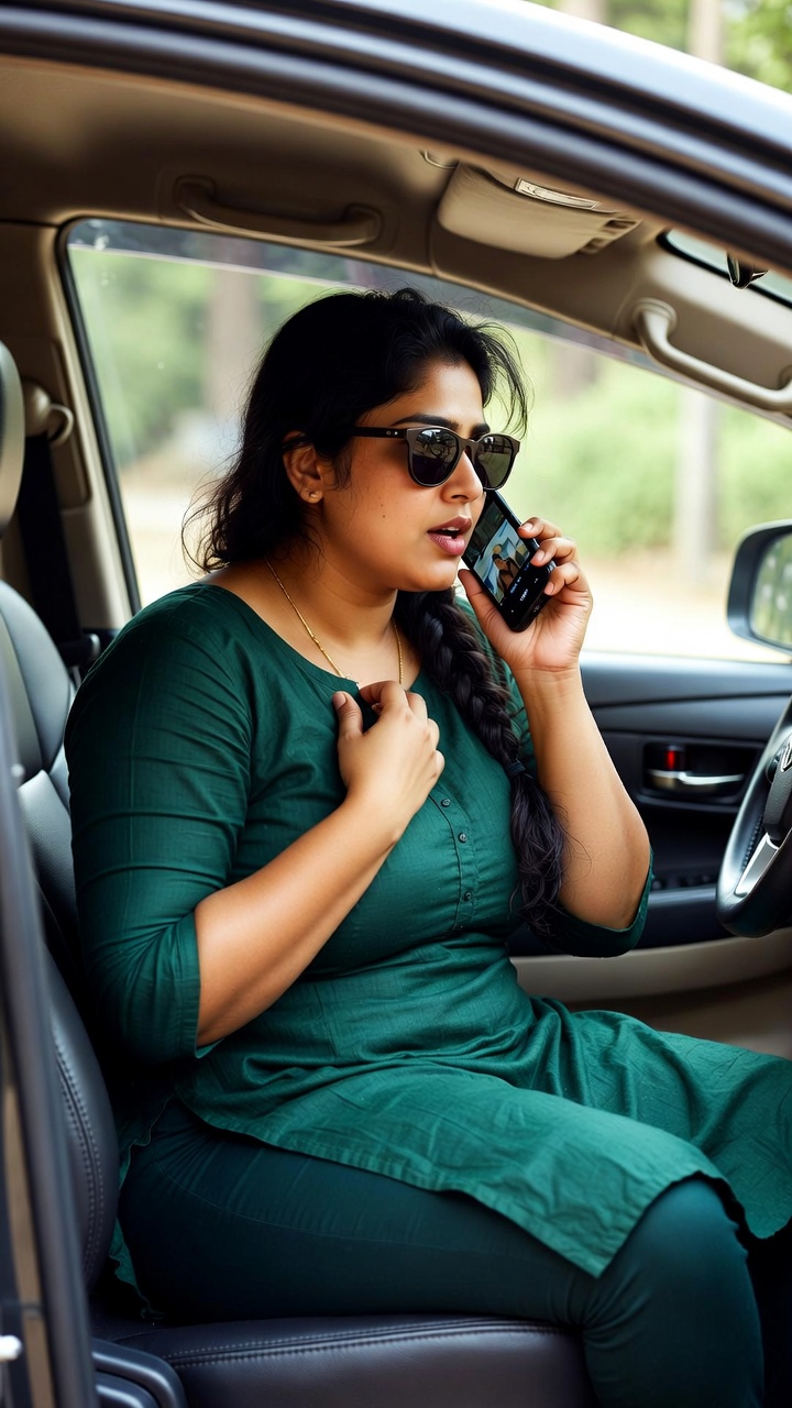 Neetu, a beautiful Indian woman, in a parked Toyota Innova, engaged in a video call with a teasing conversation.