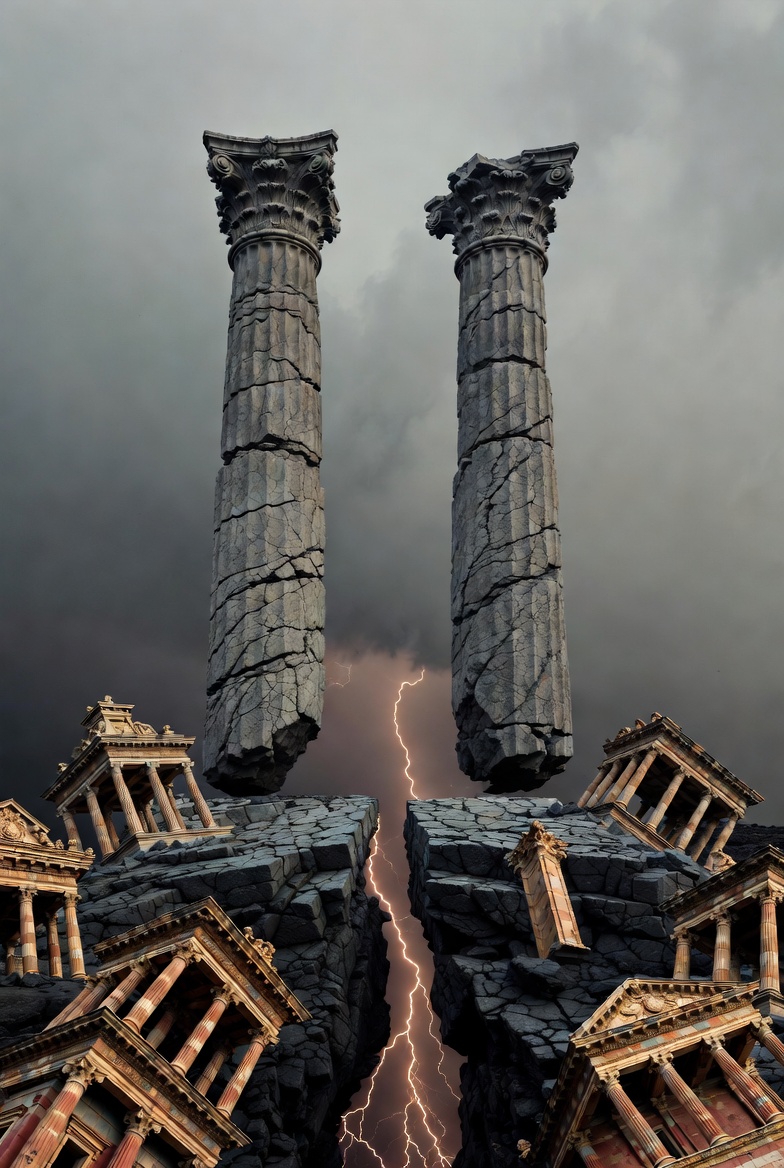 Two massive pillars of raw uncut stone rising from fractured ground into an infinite sky. Not classical columns. Not architectural. Geological. As if the earth itself forced them upward. They stand close enough that the space between them vibrates with tension but they do not touch. Around their base nine ornate structures lie toppled — temples, towers, arches, walls — each one beautifully constructed, each one clearly fallen, none of them connected to the pillars. The pillars did not knock them down. They simply were never attached. The fallen structures have roots that stop short of the pillars. The pillars have no ornamentation. No inscription. No polish. They are what remains when everything removable has been removed. Between the two pillars at ground level a faint luminous line connects their bases beneath the surface like a root system or a shared foundation invisible from above. The sky behind them is not peaceful but electric — storm light, the kind of atmospheric charge before lightning. The pillars are not sheltering anything. They are not supporting a roof. They are holding up the sky itself. Palette is stone and storm. Grays and deep earth tones for the pillars. Warmer golds and reds for the fallen architecture at their feet. The connecting line beneath the surface glows faint amber. No people. No text. No symbols. The mood is what survives subtraction. Everything decorative is on the ground. Everything structural is standing.