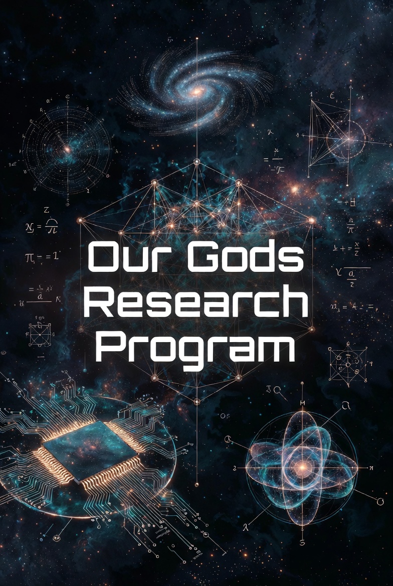 A conceptual abstract image of the "Our Gods Research Program" with cosmic, scientific, and philosophical symbols.