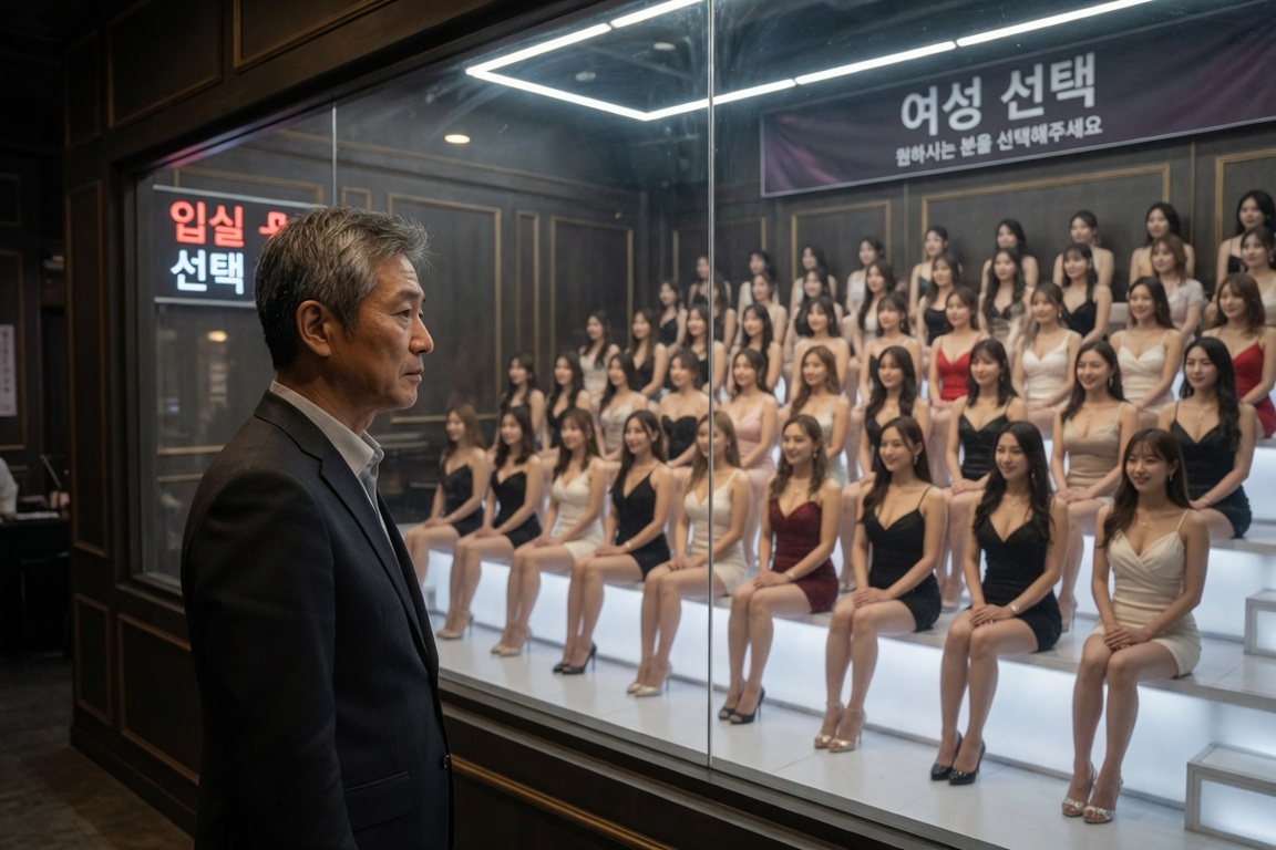 アガシネット|韓国全域 最新風俗事情 | トップページ 韓国の風俗店で、ひな壇に40人座っているガラスの向こう側の女性達を目で見て選んでいる50代日本人男性