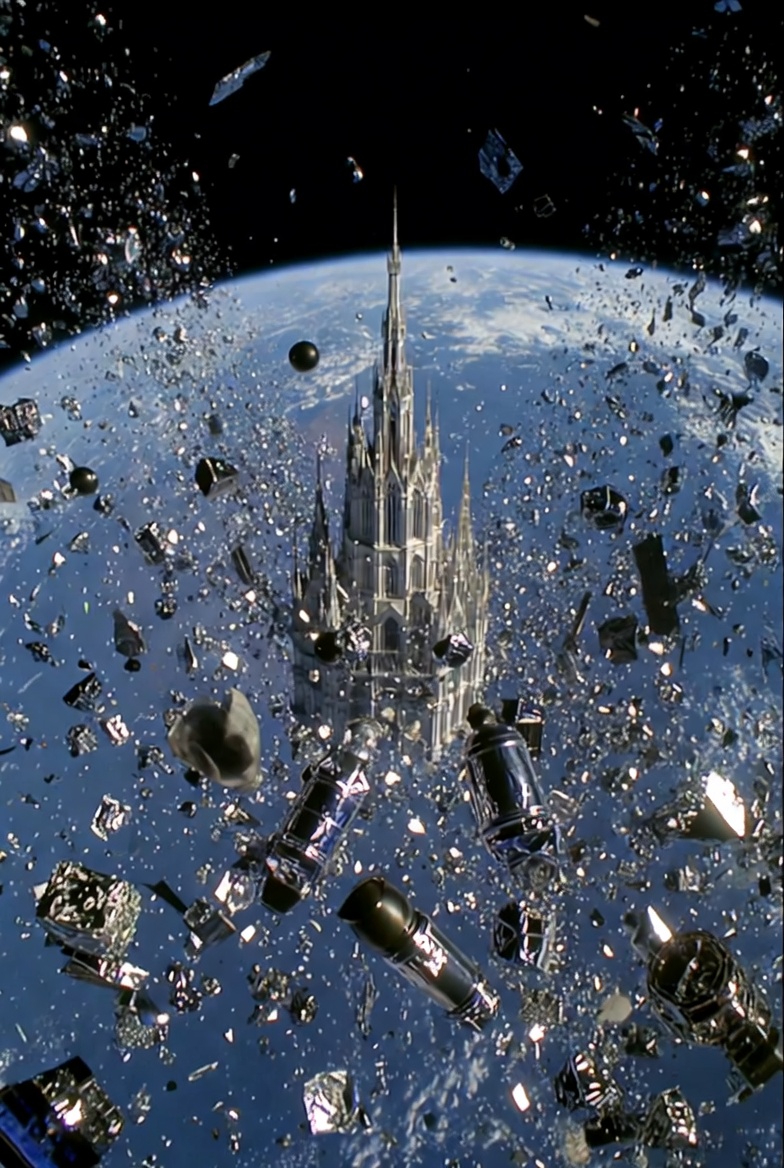 A photograph of orbital debris around Earth, featuring a cathedral-like structure symbolizing the issue.