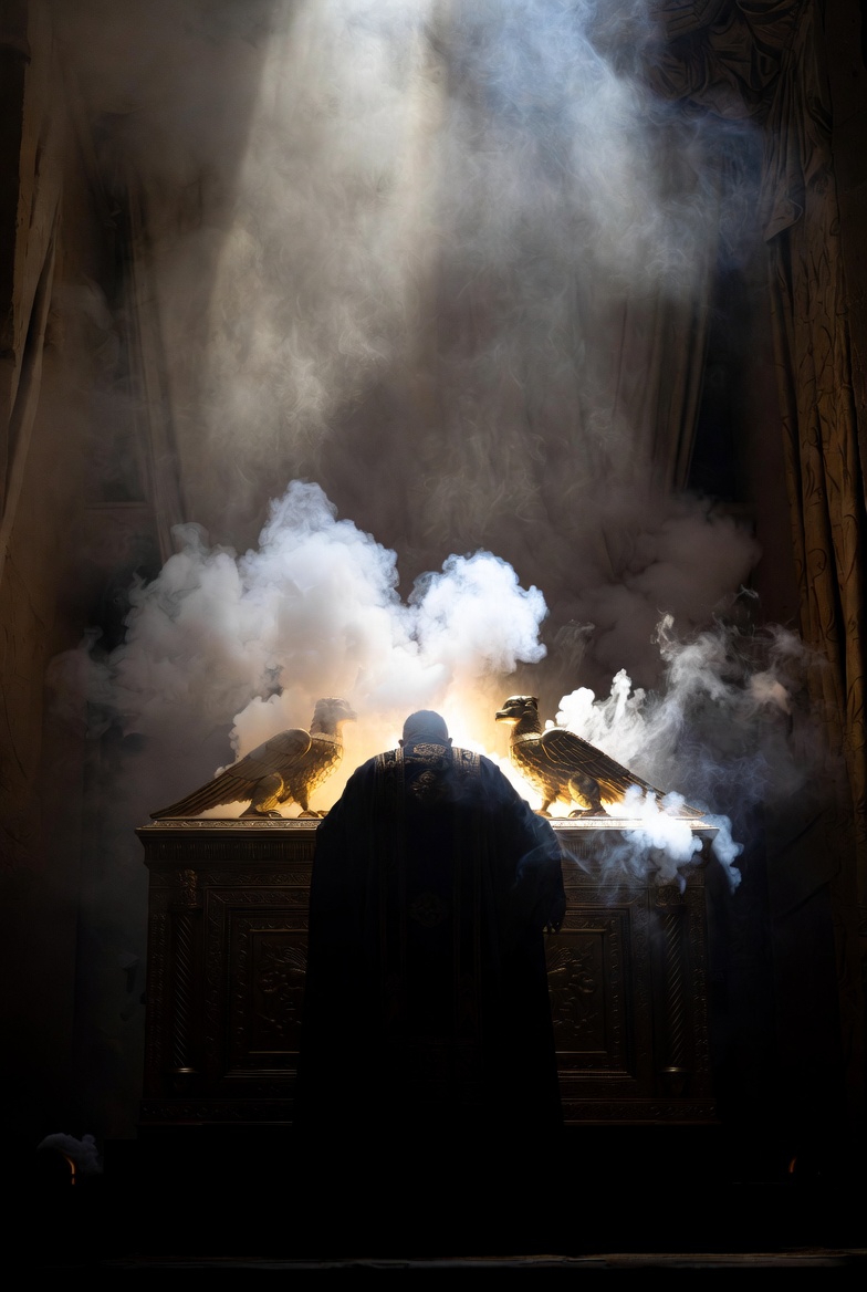 A photograph of the High Priest entering the Holy of Holies on Yom Kippur, with dramatic lighting and symbolic elements.