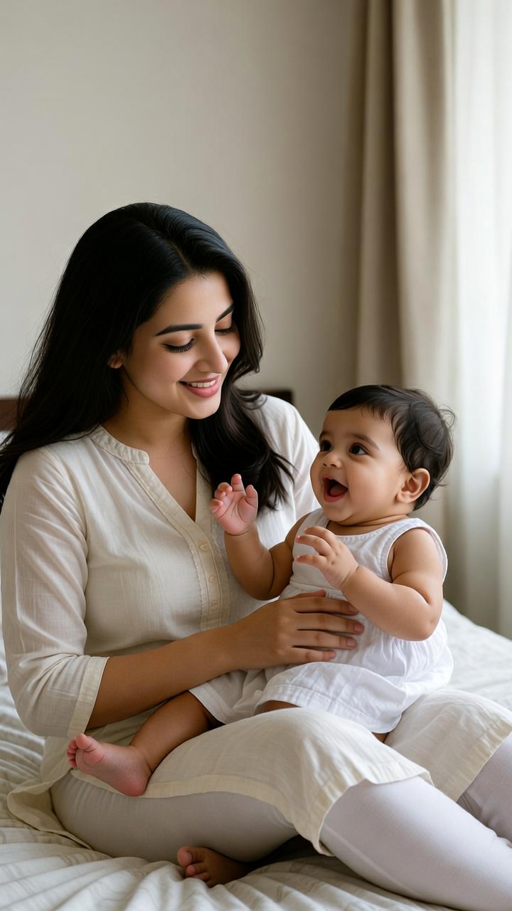 A photograph of Anusha and her baby Nisha sharing a tender moment in a bedroom.