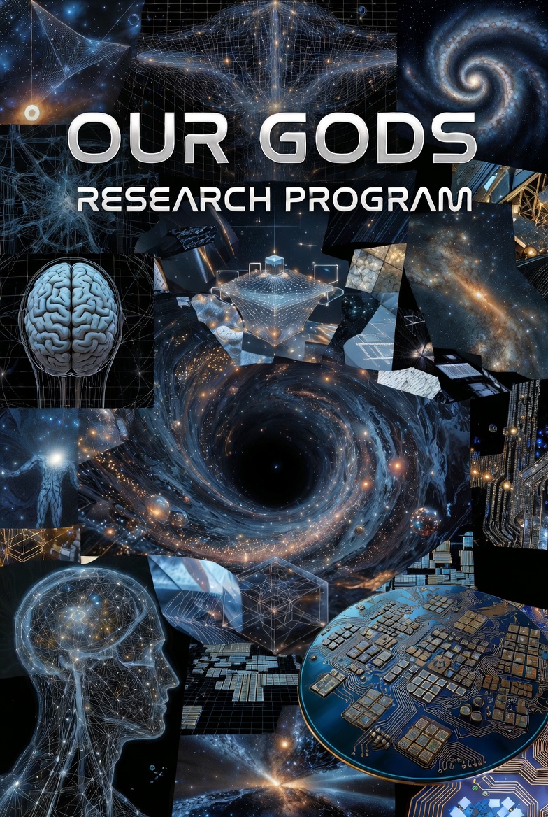 A conceptual abstract artwork of the "Our Gods Research Program" blending scientific and philosophical themes.