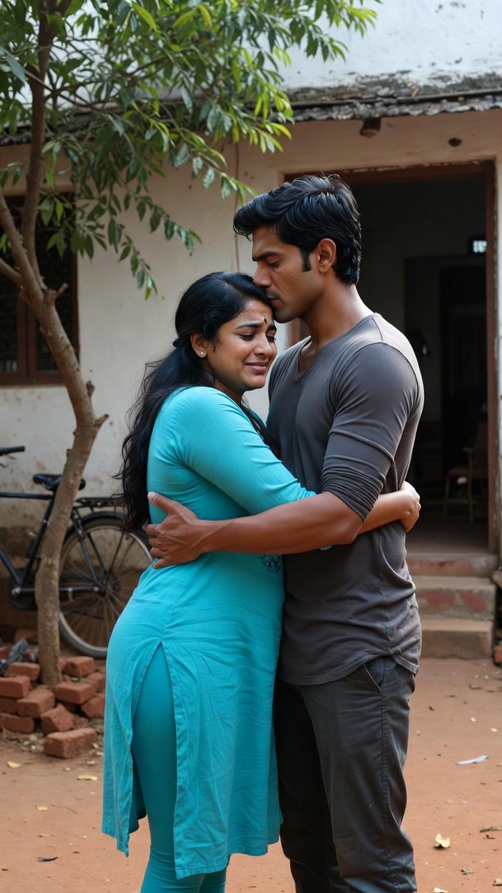 A photograph of Sheela and Harish in an emotional farewell scene in a traditional Indian courtyard.