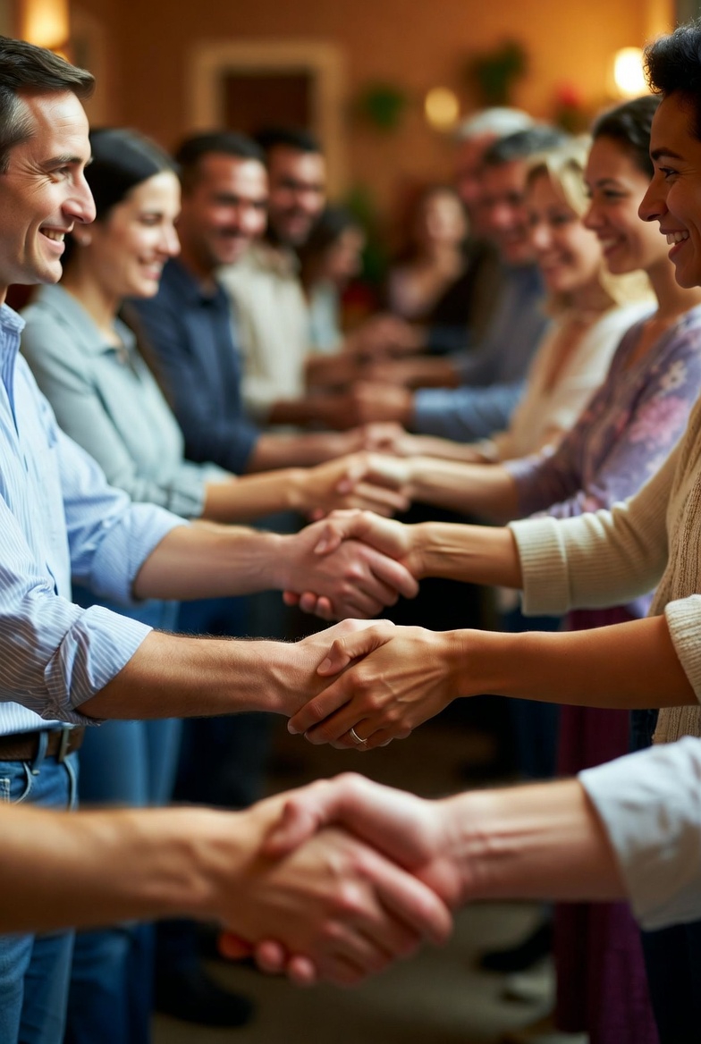 A photograph of 10 people shaking hands in a social gathering, illustrating the handshake problem in a warm indoor setting.