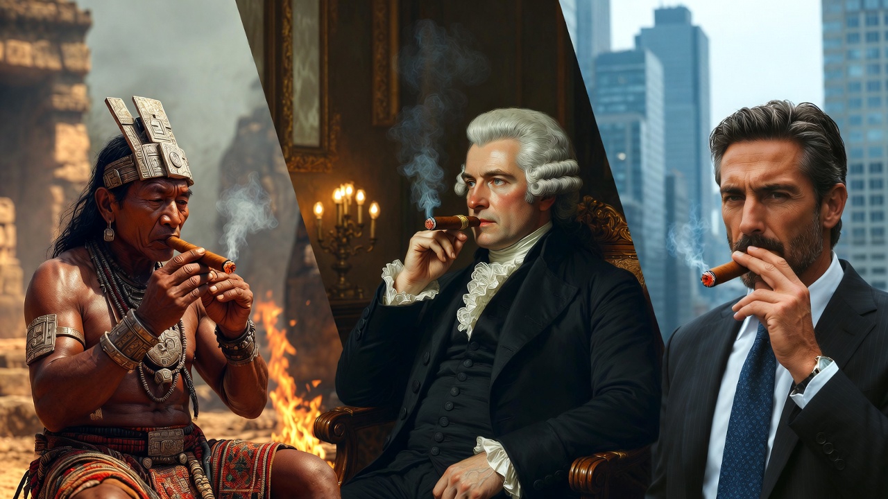 A photographic montage of cigars' cultural journey from indigenous rituals to global symbol, featuring three historical scenes.