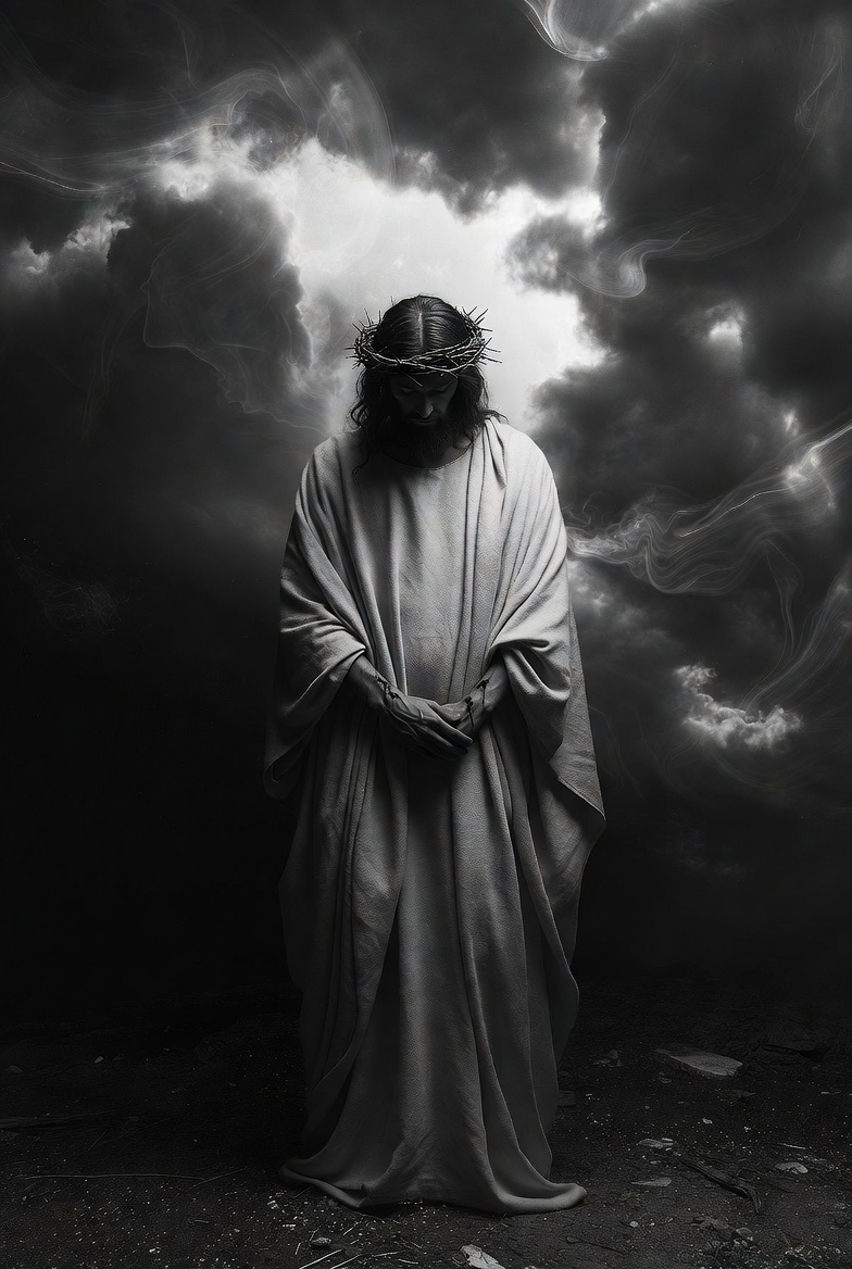 A black-and-white photograph of Jesus Christ in a dramatic, high-contrast setting, evoking solemnity and sacrifice.