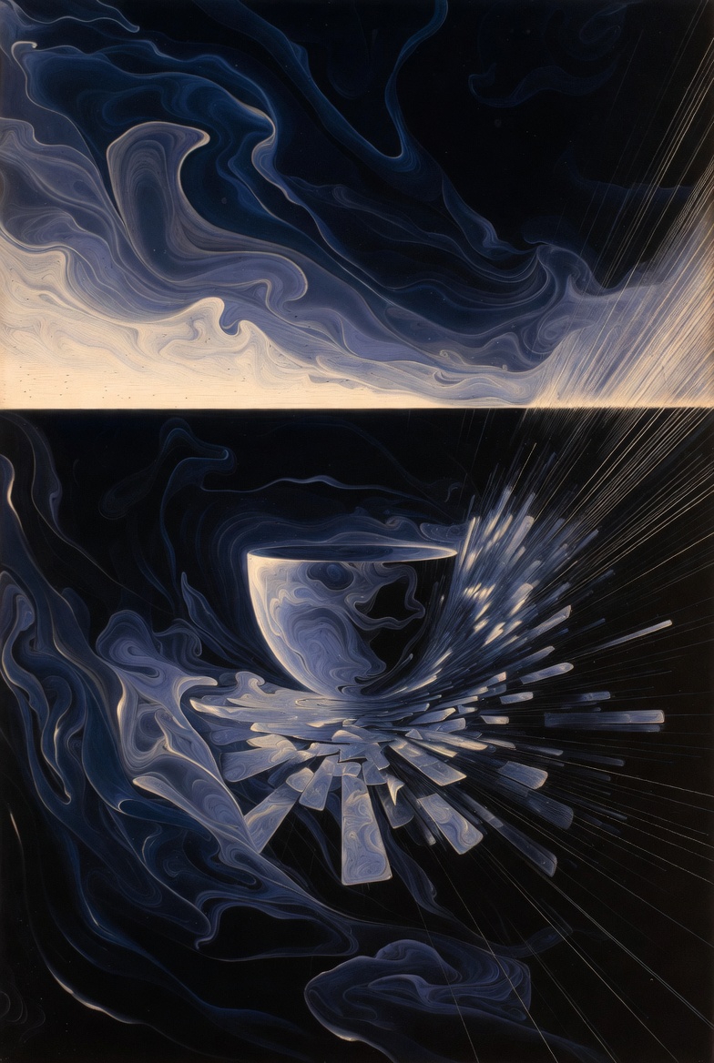 A conceptual abstract artwork depicting a mathematical or philosophical concept with swirling patterns and symbolic forms.