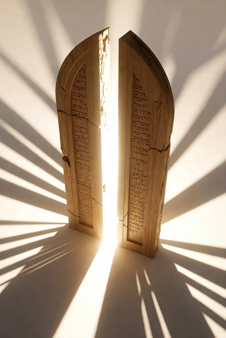 A photograph of an ancient cedar door in a heavenly setting, with divine light and shadows.