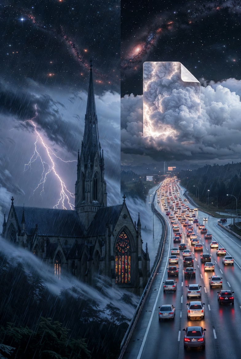 A photograph of a stormy scene with a cathedral, highway, and corrupted cloud, symbolizing system failures.