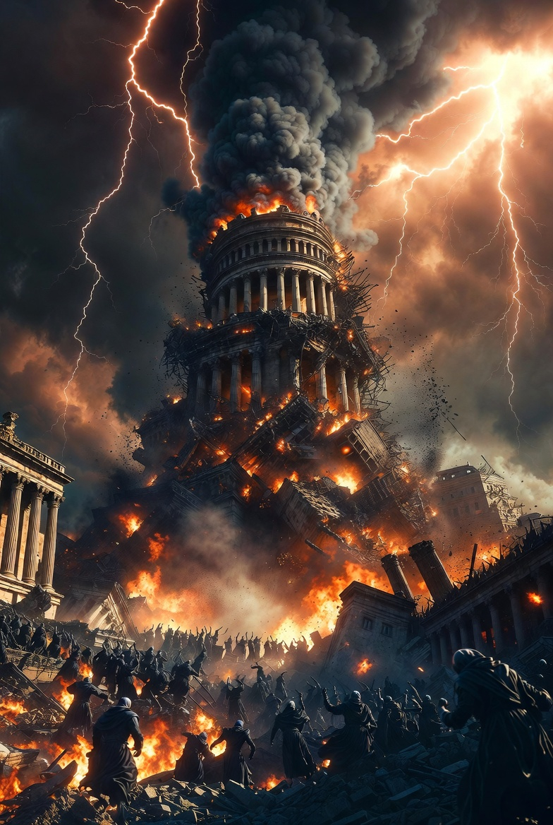 A dramatic apocalyptic scene of Babylon's fall, with a crumbling tower and chaotic destruction.
