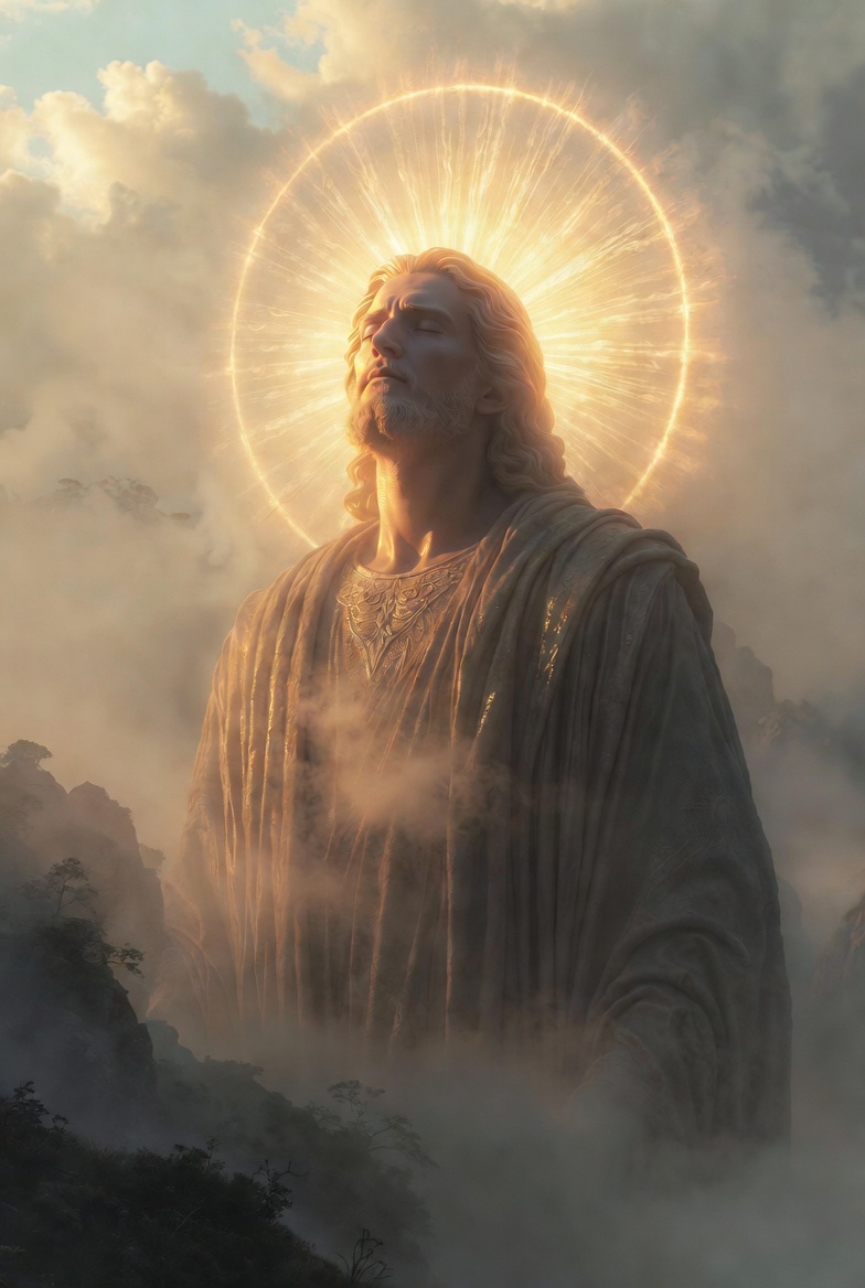 A serene photograph of Yahweh in a contemplative pose, with a glowing halo in a misty landscape.