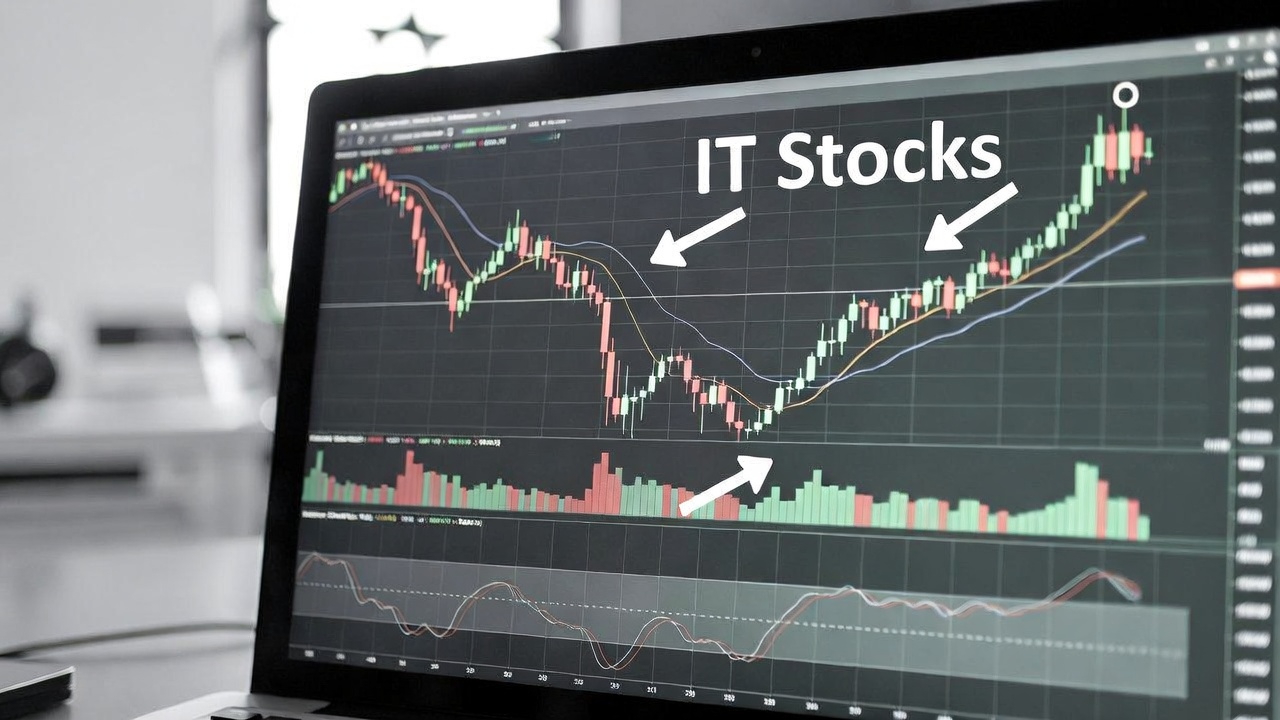 A photograph of a computer screen displaying IT stock market data in an office setting.