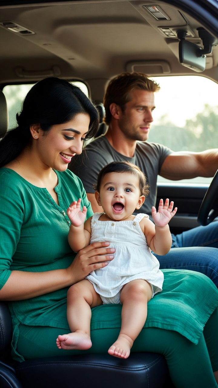 A happy family moment in a vehicle: Neetu holds baby Nisha while Johnny drives, in a candid style.
