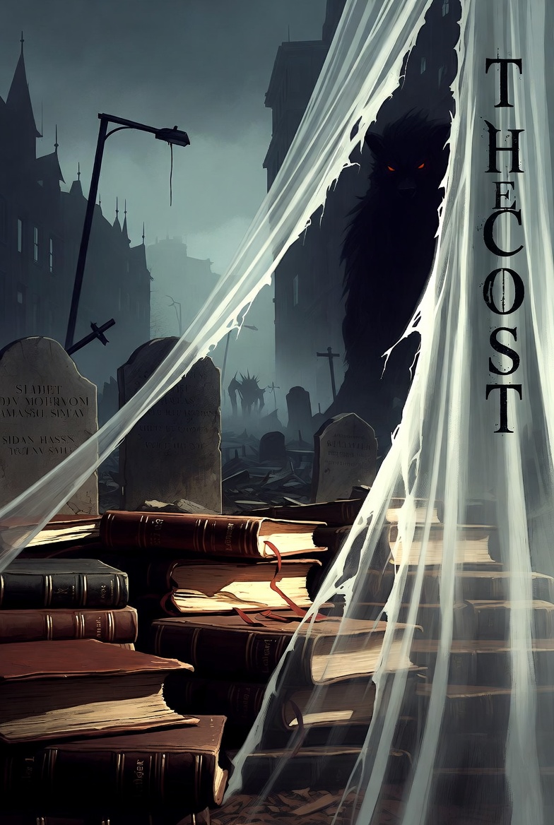 A digital illustration of a somber urban scene with a torn veil revealing financial ledgers and tombstones in a dark, muted palette.