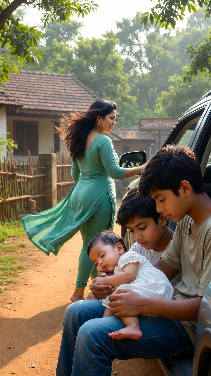Neetu parks an SUV near a village house, with her daughter Nisha held by Gireesh and Suresh in a serene rural scene.