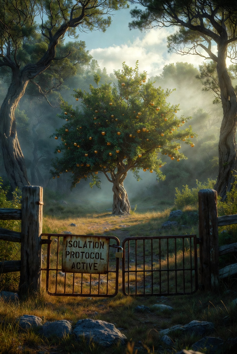 A symbolic Revelation 2:7 scene with a tree of life, closed gate, and misty forest, evoking hope and isolation.