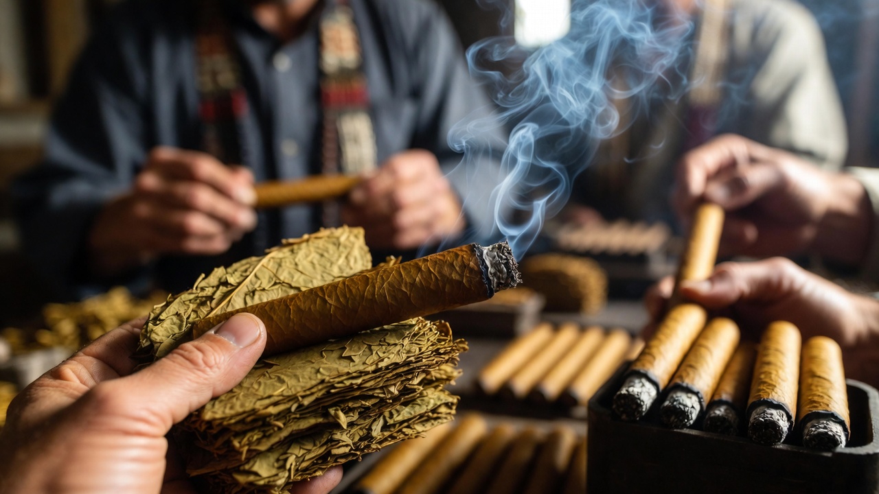 A photograph of a cigar-making process, emphasizing craftsmanship and cultural significance in a dimly lit, historical setting.
