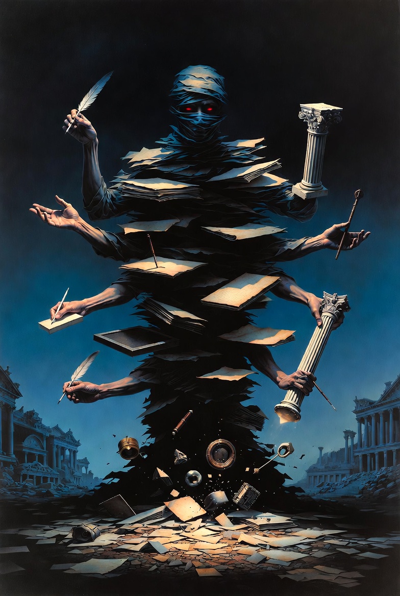 A surreal illustration of the Fourth Beast: The Proxy, a shadowy figure with multiple arms and ghostly background.