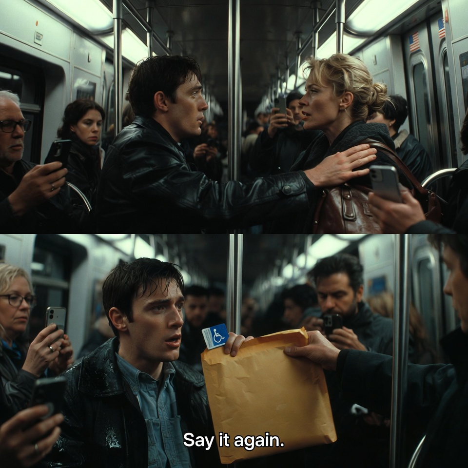 A 28-year-old American man with tired eyes, short dark hair, a knee brace under his jeans, and a folded cane beneath his seat confronts a polished middle-aged woman in a crowded Chicago subway car; in the first seconds she shoves his shoulder with her expensive leather bag while demanding his seat, and he recoils against the window without standing. His jaw tightens, one hand grips a manila hospital envelope, his breathing stays controlled, and her red-lipstick smile hardens as passengers freeze around them with phones half-raised. He pulls out a blue disability card and holds it steady between them as a transit officer steps into the aisle. One short line: “Say it again.” Cold fluorescent train lighting, handheld close-up tension, slow push-in on the envelope and brace, realistic cinematic American drama style, wet coats, metal poles, anxious eye contact, an American flag sticker planted naturally in one corner near the subway door, secondary to the confrontation, no text, no watermark.