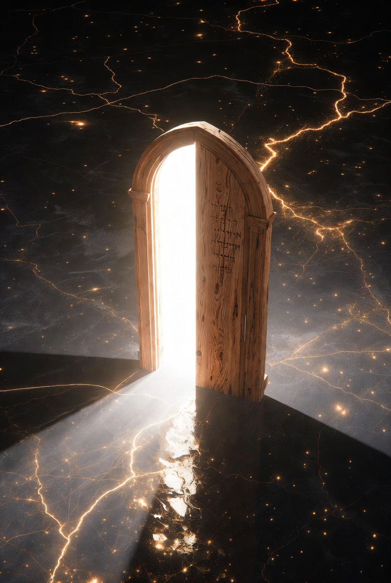 A photograph of an ancient wooden door in a heavenly setting, with divine light streaming out in a cosmic style.