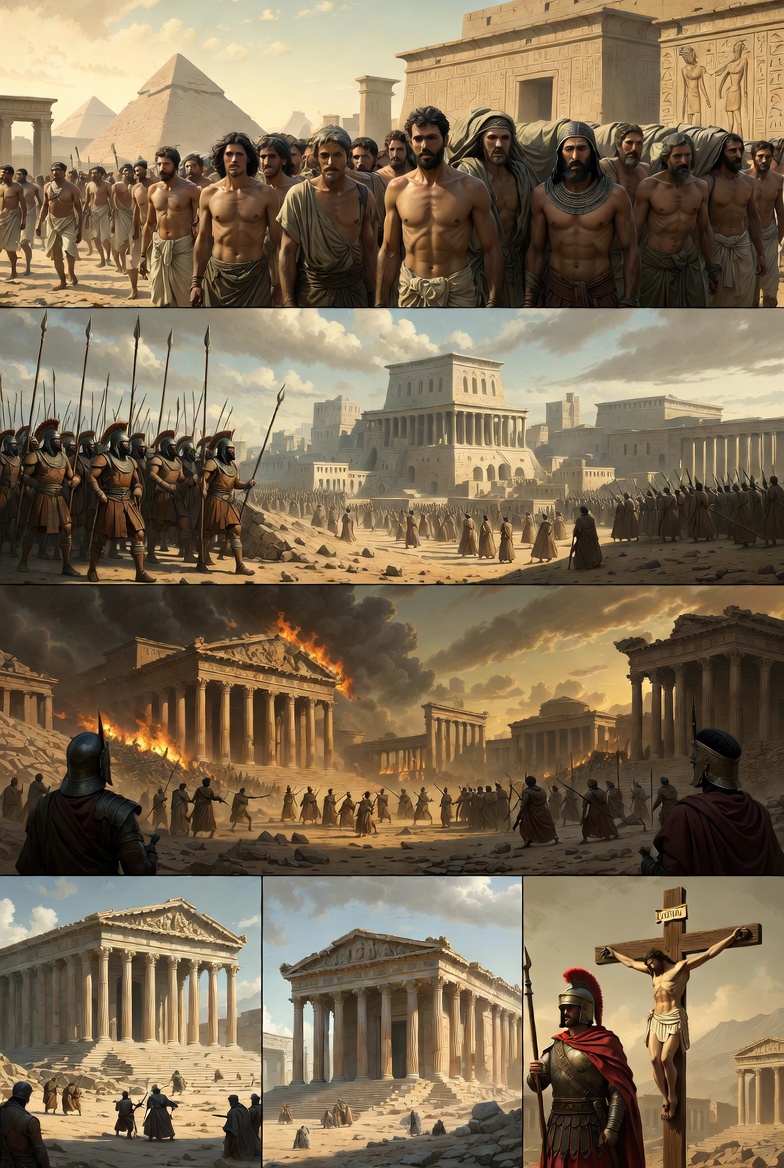 A historical illustration of Israel's enslavement by Egypt and subsequent conquests by Assyria, Babylon, Persia, Greece, and Rome.