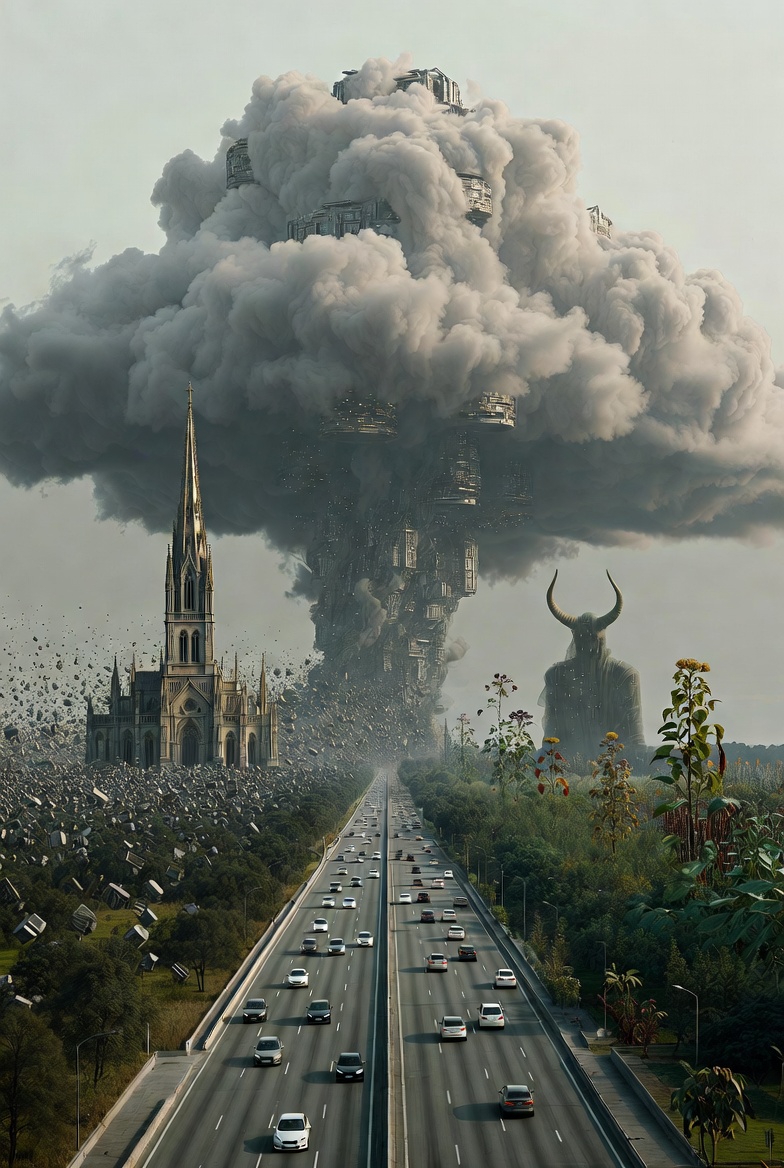 An artistic photograph of "The Trilogy Closed a Door" with symbolic elements: a cathedral, highway, cloud, garden, and mysterious figure.