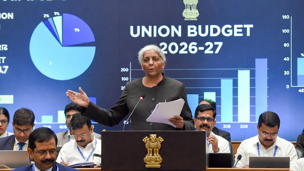 A photograph of Finance Minister Nirmala Sitharaman presenting the Union Budget in a formal setting.