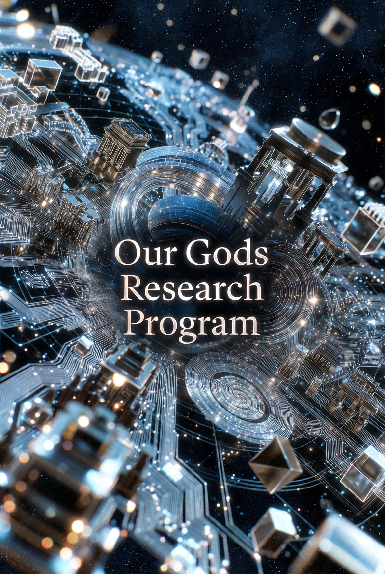 A conceptual abstract artwork titled "Our Gods Research Program" blending cosmic and technological elements in a mysterious, otherworldly style.