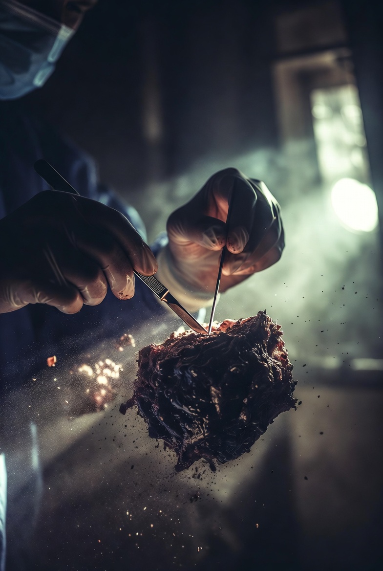 A photograph of a surgical scene with dramatic lighting, featuring a gloved hand holding a scalpel over a dark mass, symbolizing confrontation of inner turmoil.