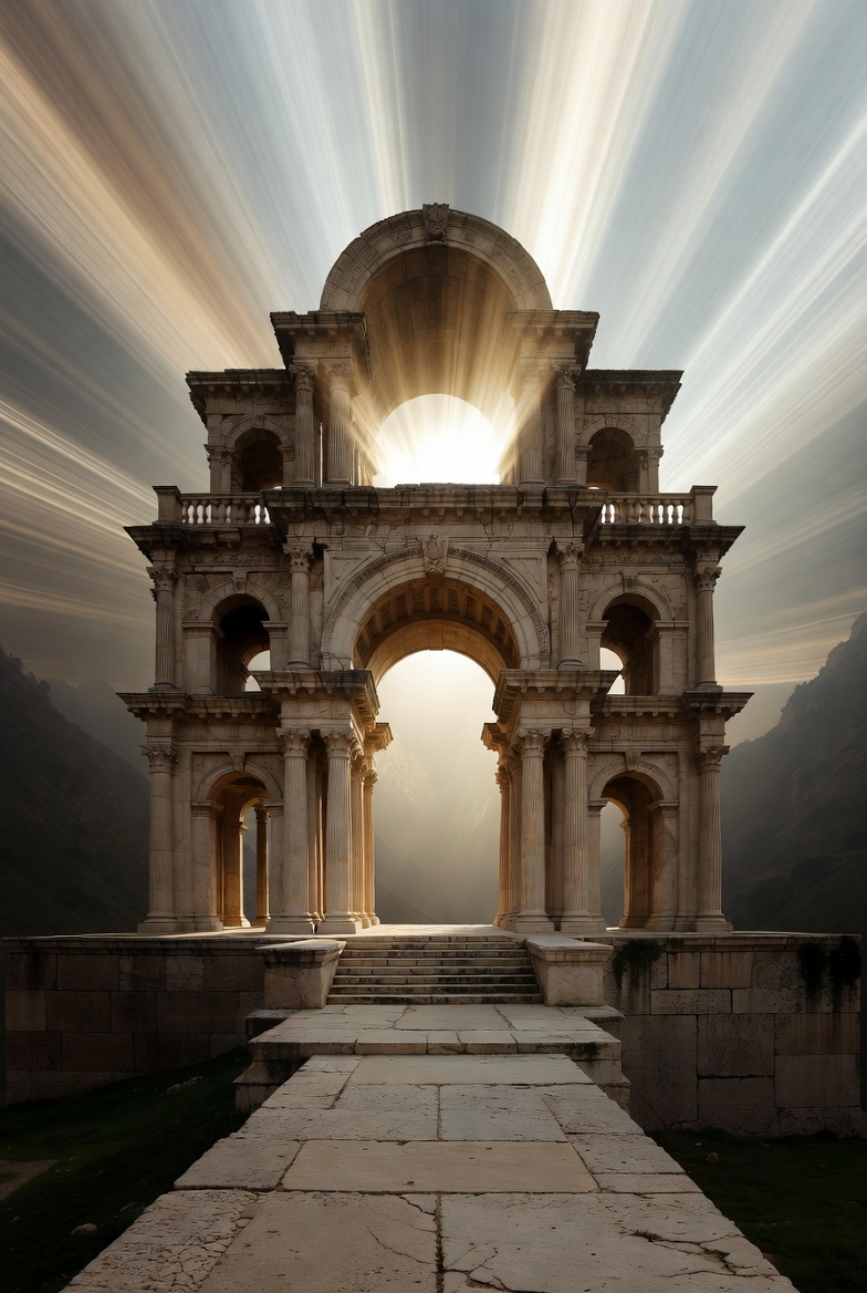 A grand, symmetrical architectural scene inspired by echoes, featuring classical arches and light effects in a contemplative style.