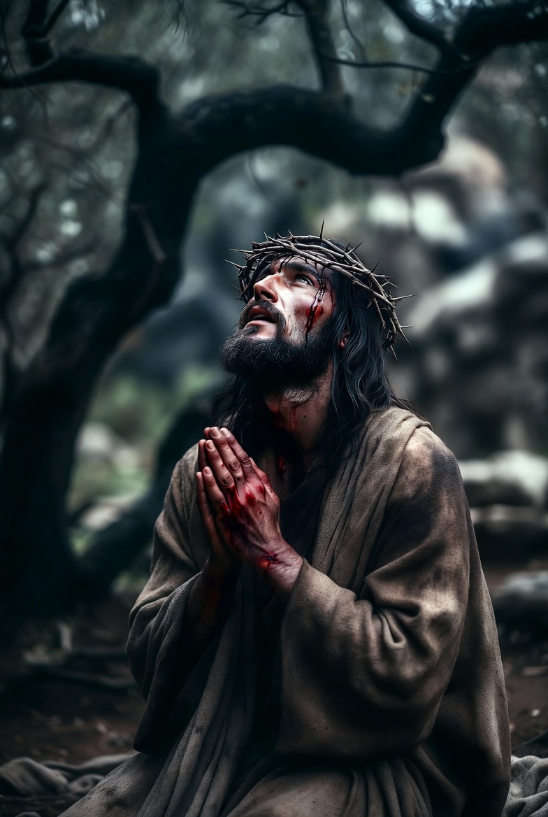 A photograph of Jesus Christ in the Garden of Gethsemane, kneeling in prayer with anguish.