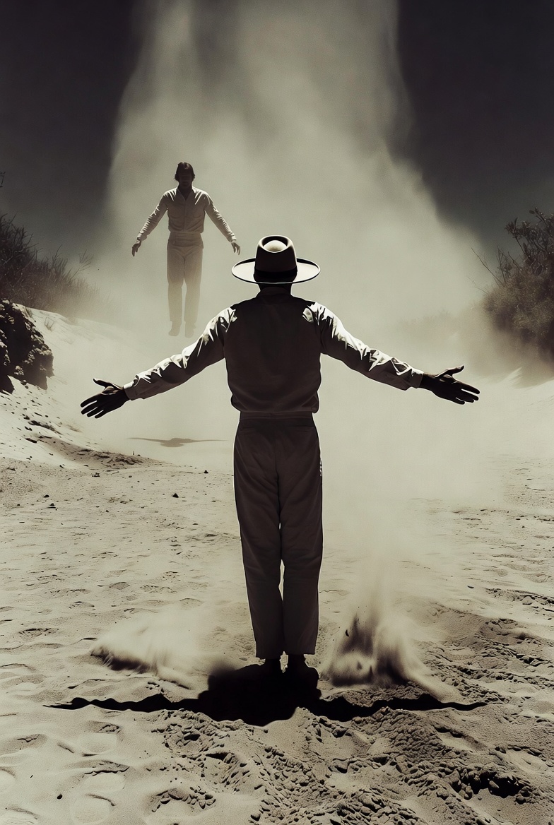 A surreal photograph of two figures in a desert, appearing to float under harsh sunlight.