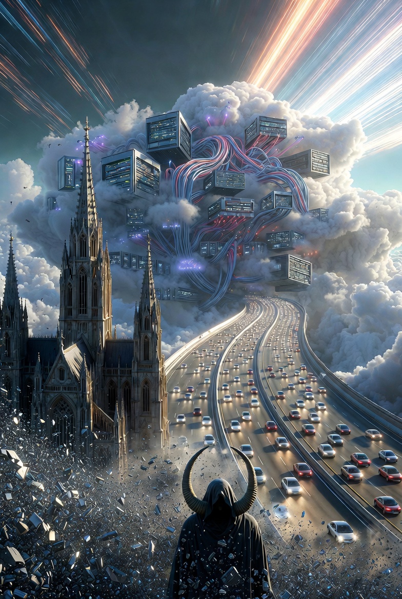 A digital illustration of a symbolic scene titled "The Trilogy Closed a Door," featuring a Gothic cathedral, orbital debris, autonomous vehicles, cyber infrastructure, a garden of seven plants, and a mysterious hooded figure.