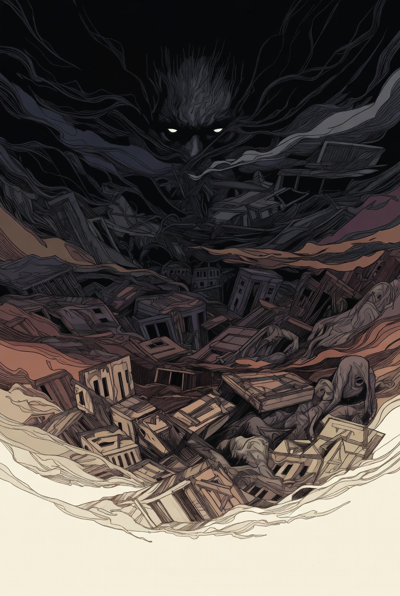 A digital illustration of a dark, abstract world in moral decay, featuring chaotic layers and distorted figures, symbolizing corruption and despair.