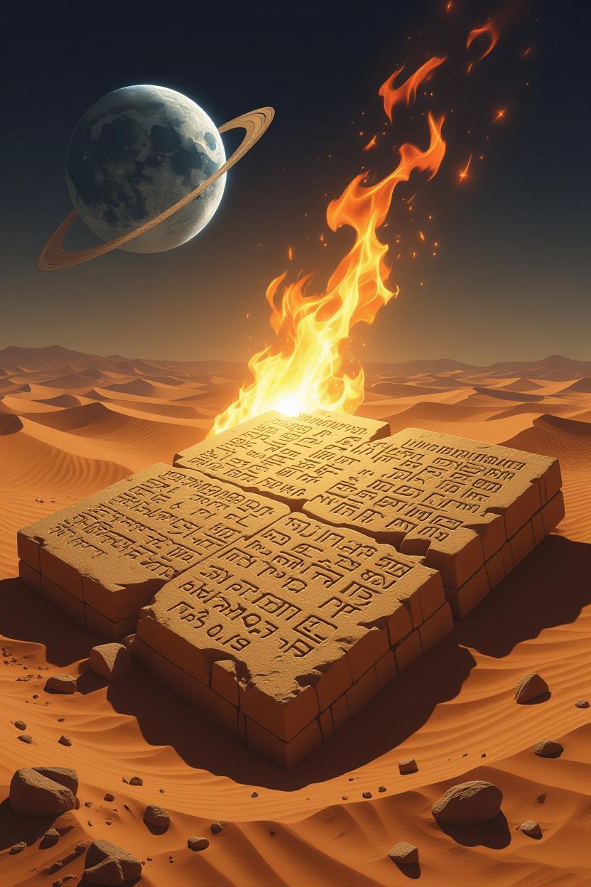 A depiction of cuneiform tablets from 3200 BCE, symbolizing the first empire, intertwined with the concept of 38 Starlinks burning in 2022, illustrating a recursive timeline where history loops. The scene captures the idea of incestuous cousins, not as metaphor but literal, with beta drag in a 550 km orbit equating to atmospheric drag on Akkadian borders, showing the same force and fall. The image portrays a superposition where the event hasn’t happened yet already has, and a collapse where observation causes the knife to land twice, all under a stark, moonlight-like glow.