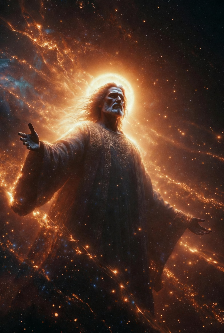 A commanding figure with a glowing aura in a dark, starry cosmic scene, evoking divine presence.