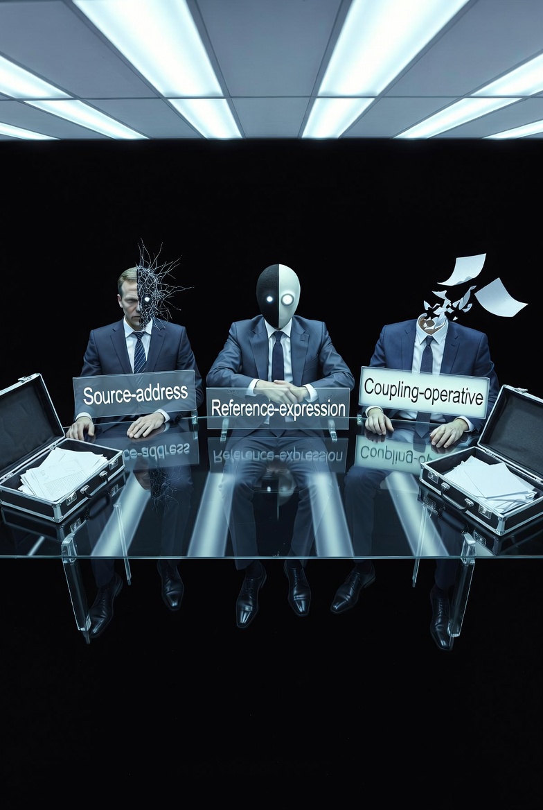 A top-down view of three masked figures in a sterile boardroom, shaking hands over a void.