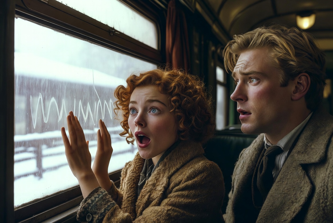 A Deaf Woman Fell in Love With Music She Could Never Hear.Ultra-realistic cinematic scene of two diverse white Americans in a cozy 1920s Chicago elevated train car during a snowy February day: a curly red-haired woman with blue eyes mid-lean excitedly tapping rhythmic patterns on the window ledge with exaggerated joyful focus, while a broad-shouldered man with sandy blond hair and warm brown eyes watches her intently with over-the-top tender surprise, both in warm contemporary period coats under bright natural window daylight. Sharp high-resolution, authentic American urban commuter aesthetic, vivid neutral colors, dramatic expressions evoking curiosity about their private tapping language. Different characters, setting, and mood from video.