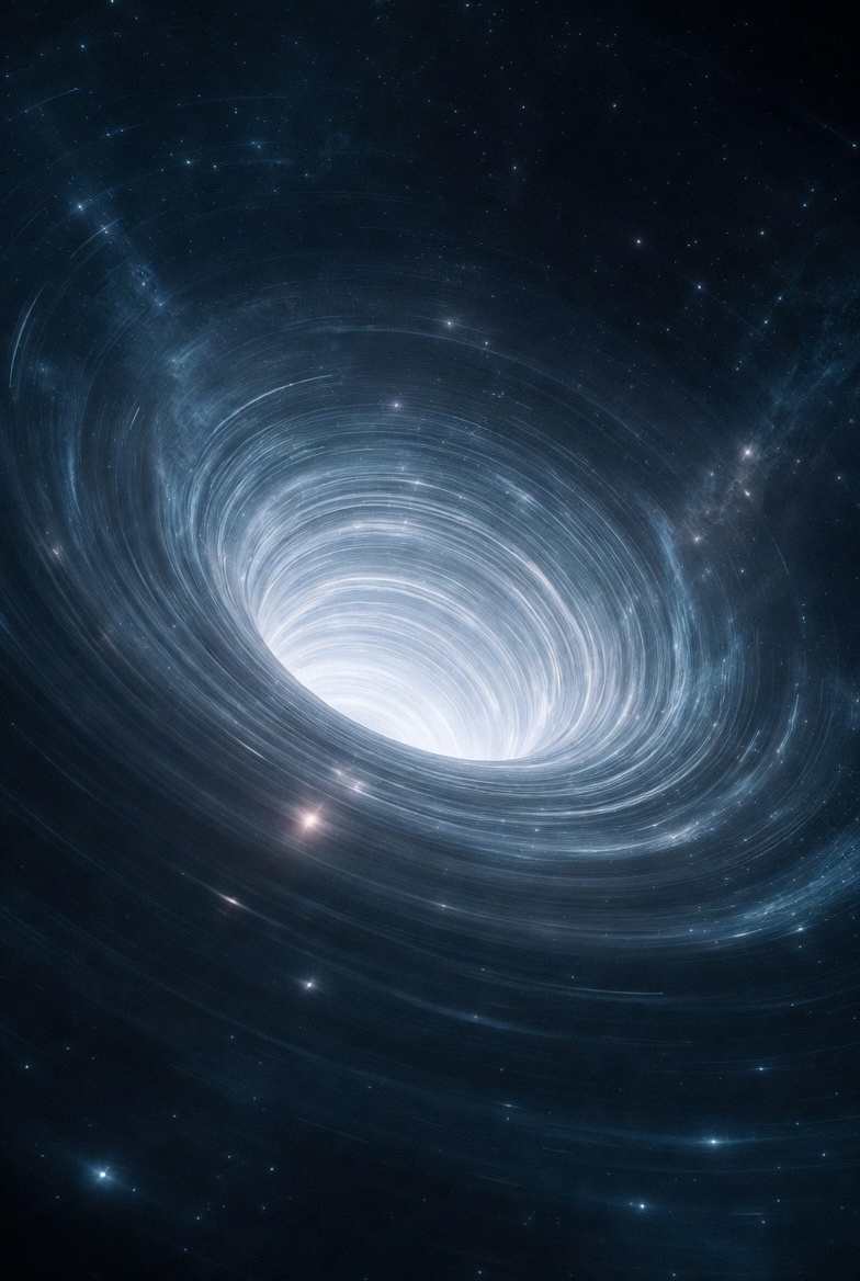 A surreal photograph of a black hole vortex in outer space, with glowing rings and a dark cosmic background.