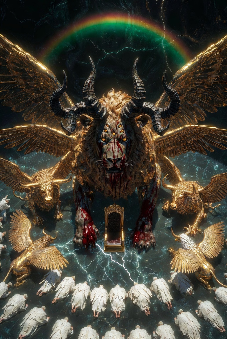 An aerial view of the Revelation Throne Room, featuring the Lion of Judah, four living creatures, and elders in a divine, cosmic setting.