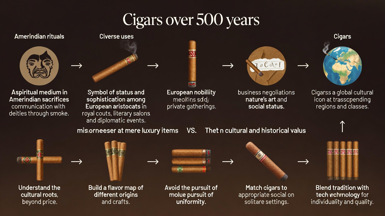 A historical and cultural journey of cigars from Amerindian rituals to modern uses, emphasizing their cultural significance.