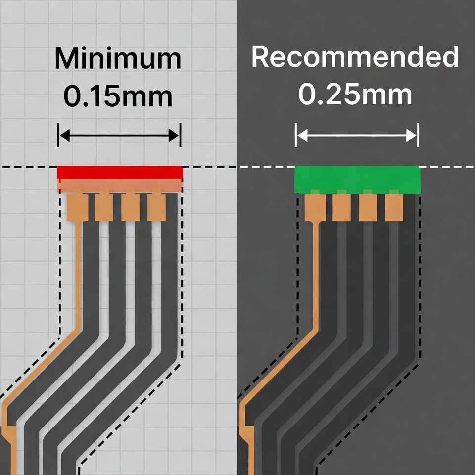 FPC layout examples showing minimum 0.15mm vs recommended 0.25mm trace to edge clearance, with clear visual tolerance zones highlighted for comparison